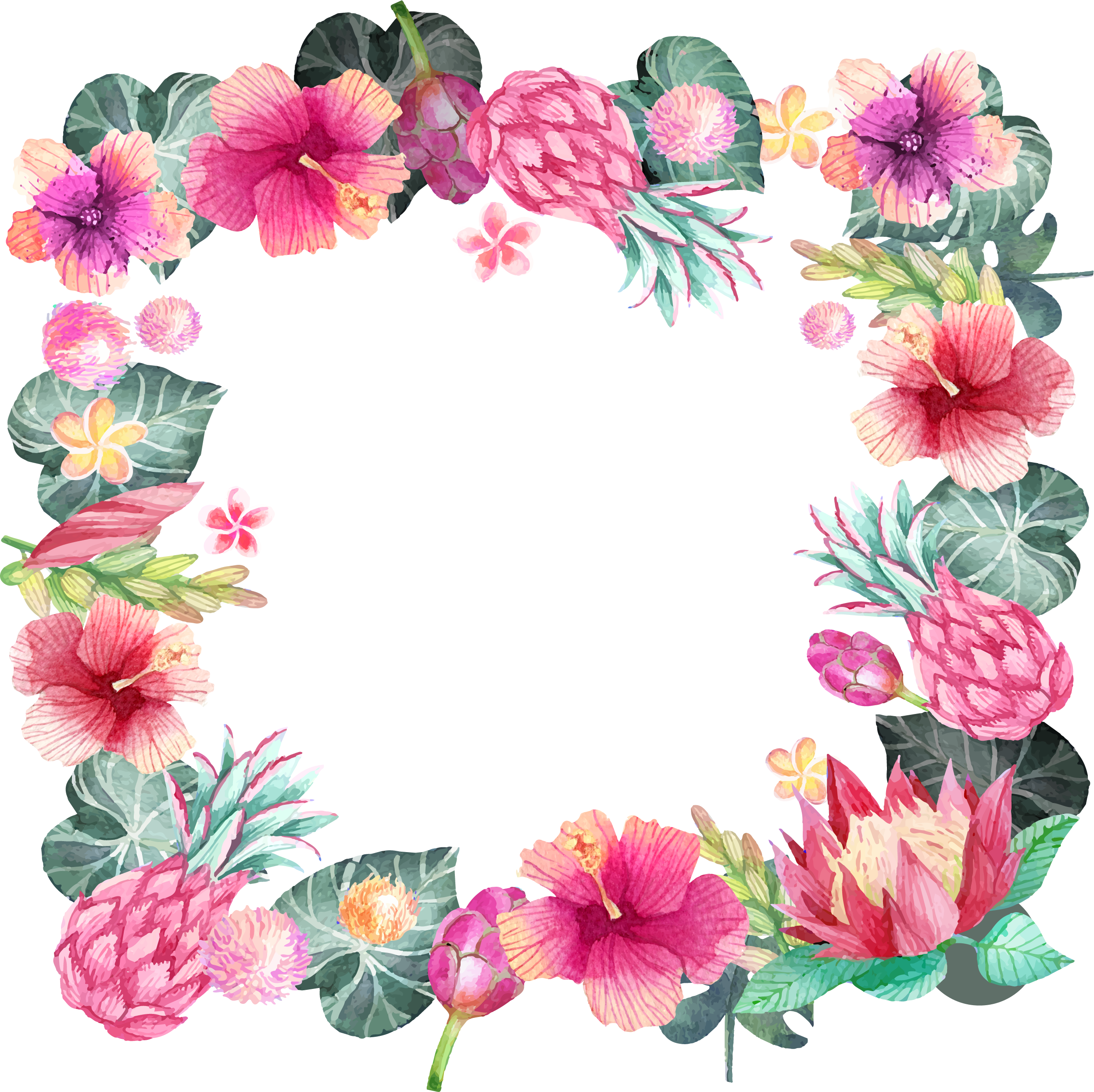 Romantic Watercolor Hand Painted Flower Borders 2494*2490 - Watercolor Painted Flowers Border (2494x2490)