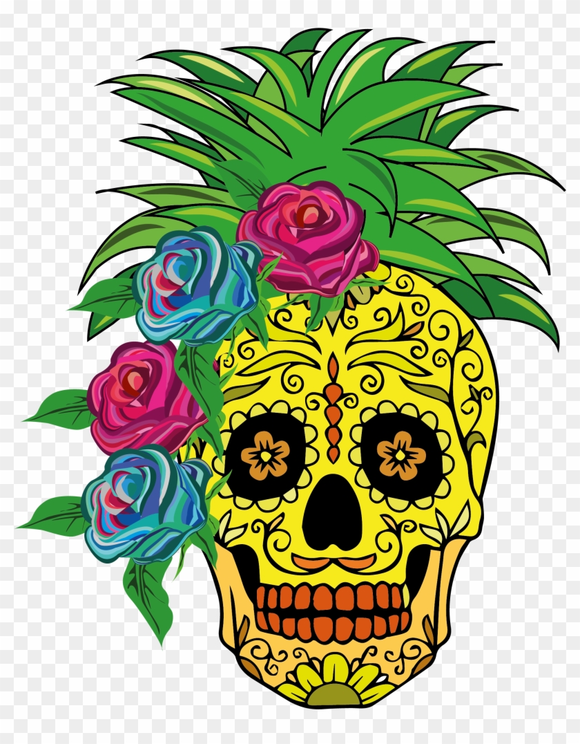 Piña Loca - - Wall Tapestry Wall Art Skull Flower Print Bedroom Tapestry #544149