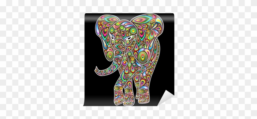 Elephant Psychedelic Pop Art Design On Black Wall Mural - Elephant Psychedelic Colors Apparel Retro Vintage Hipster #582942