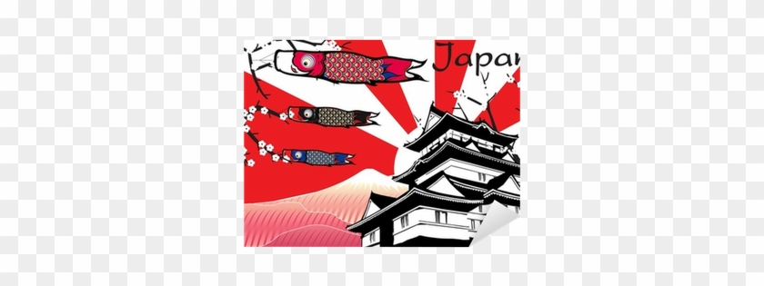 Japanese Castle With Fish Flag And Fuji Mountain Vector - Amazing Japan: Color Your Way To Calm: Design Coloring #718560