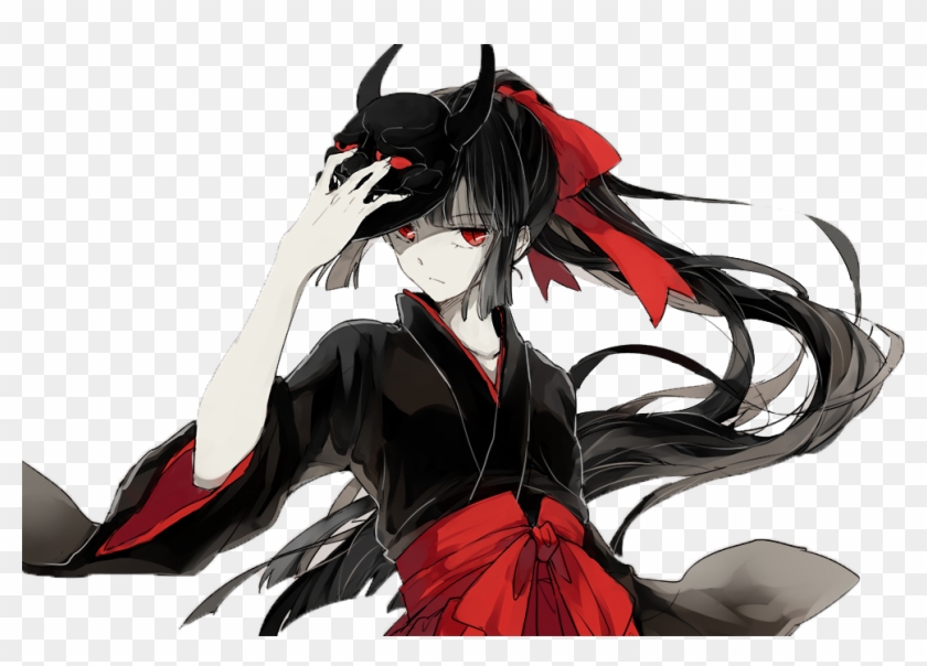 A cute demon anime girl with black eyes and red pupils that has white hair  and 2 dark black horns wearing a collar and a dress