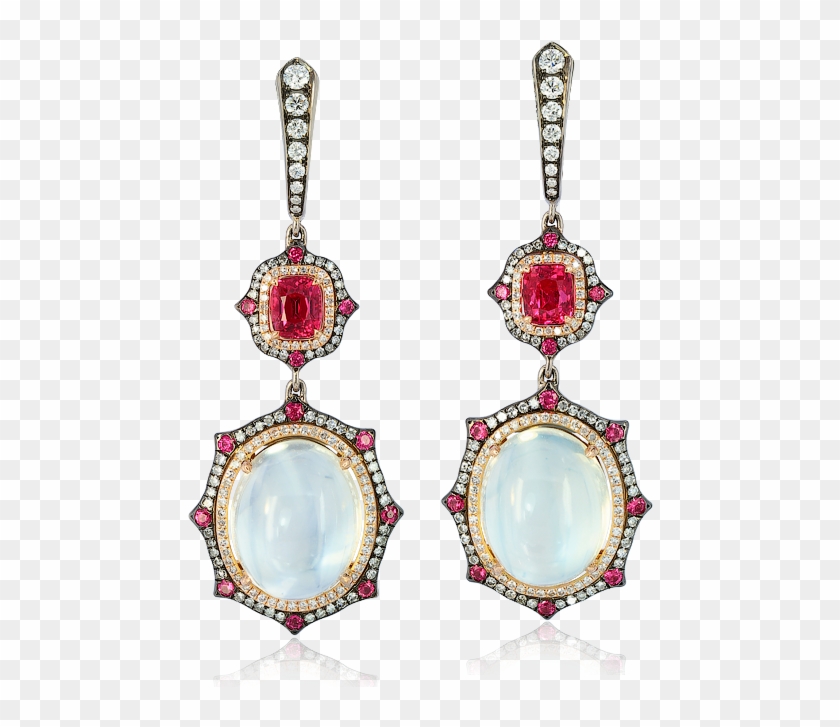 Moonstone, Red Spinel And Diamond Earrings - Bijou #952943