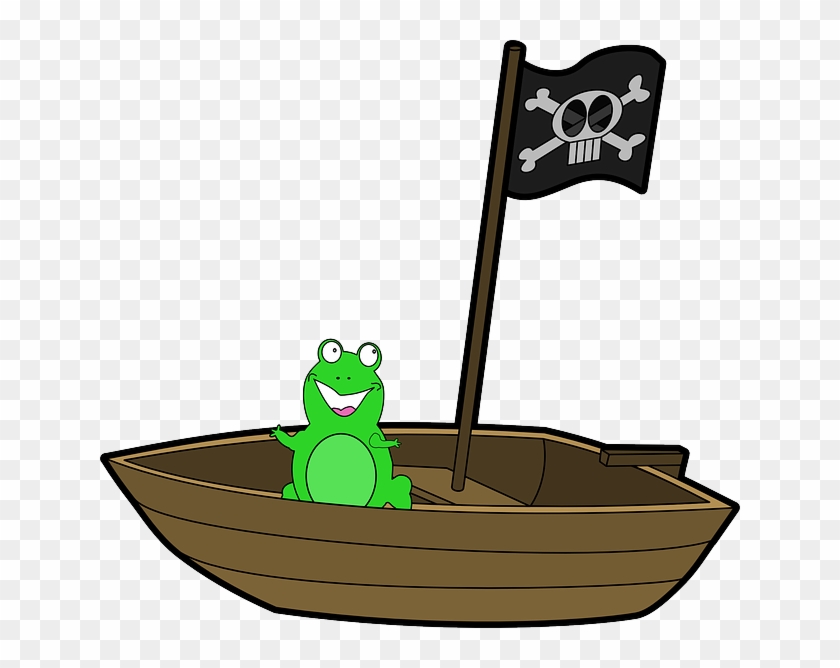 Boat, Frog, Smiling, Green, Pirate, Flag, Skull - Frog In A Boat #1001270