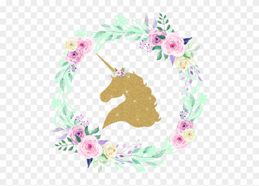 Gold Glitter Unicorn Center Floral Wreath Iron On - Gold Glitter Unicorn Png #1007619