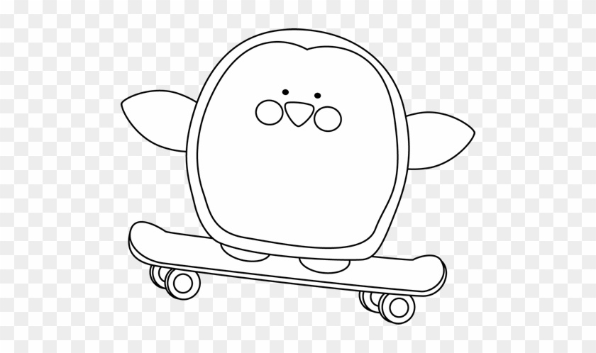 Black And White Penguin On A Skateboard Clip Art - Line Art #1025278