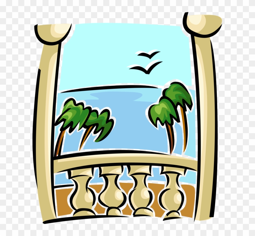 Vector Illustration Of Ocean View From Balcony With - Vector Illustration Of Ocean View From Balcony With #1046224