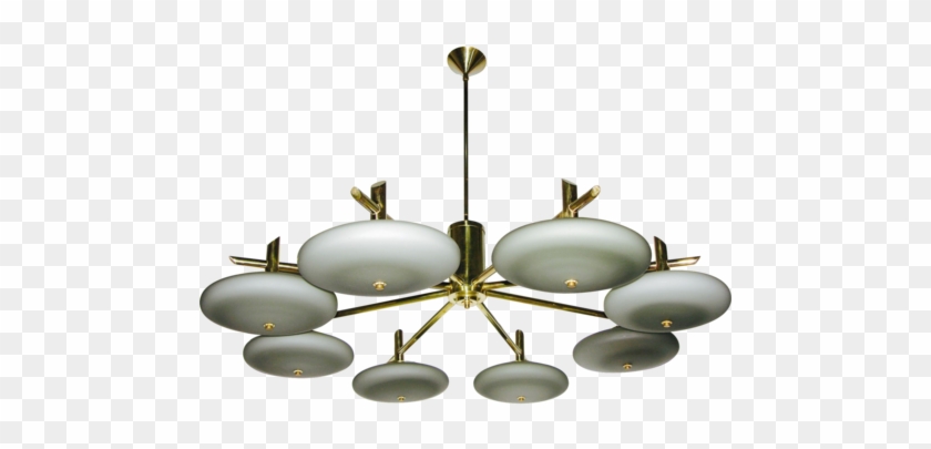 1980 Italian Rare Brass And Opal Grey Glass Modern - Chandelier #1117544