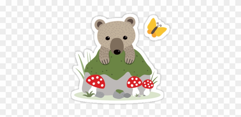 Cute Brown Bear Cub Behind Mossy Rock With Butterfly - Bear Cub And Butterflies Behind Mossy Forest Rock Card #1123657