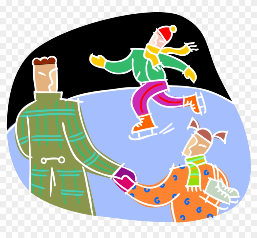 Vector Illustration Of Family Ice Skating On Frozen - Skateboarding #1127150