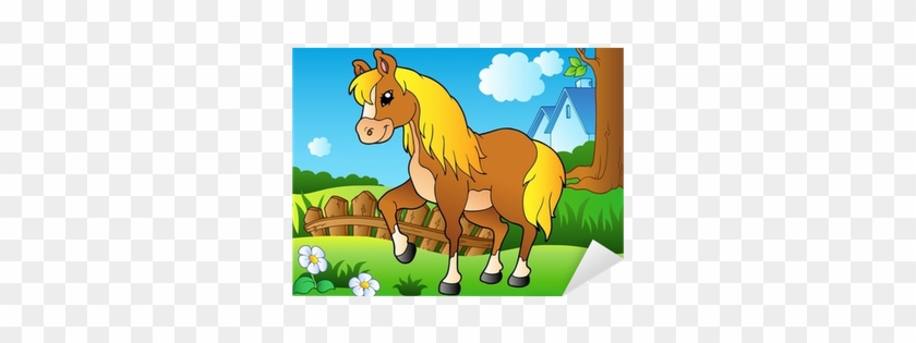 Vinilo Pixerstick Cartoon Caballo En El Prado Primavera - Horse Cartoon In Farm #1141693