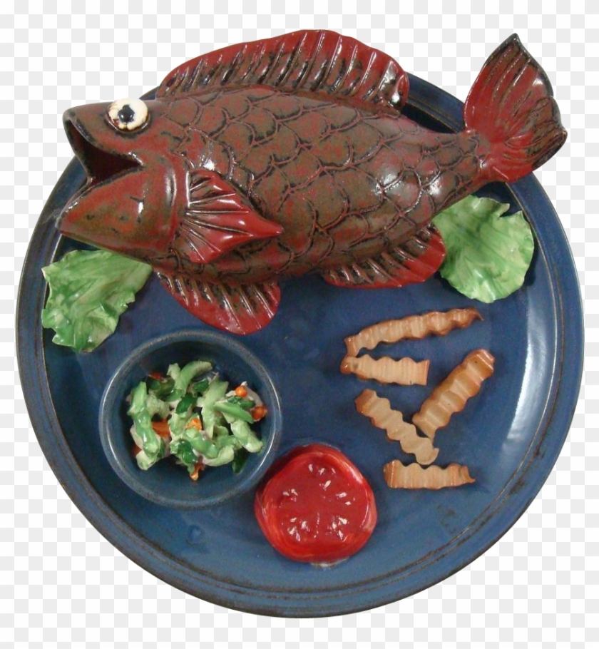 Signed Vintage Art Pottery Fish Coleslaw Tomato Fries - Cabezon (fish) #1177843
