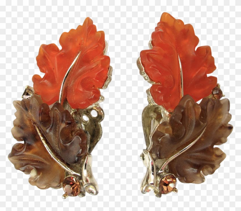 Lisner Lucite Oak Leaf Earrings In Orange And Brown - Earrings #1193868