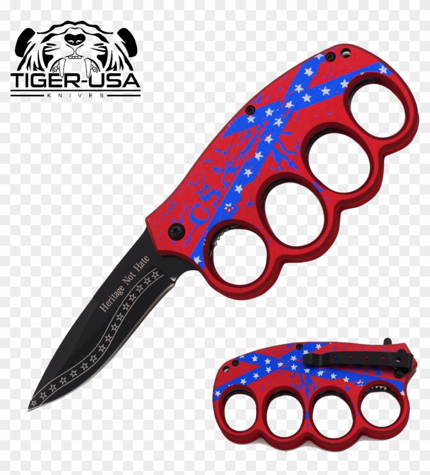 8 Inch Csa Rebel Flag Trigger Action Trench Knife, - Confederate Flag Knife #1211847