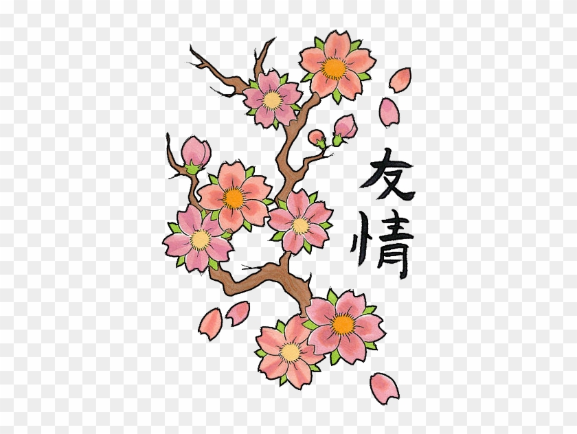 Japanese Symbols And Cherry Blosoom Flowers Tattoo - Cherry Flower Tattoo Design #1215587