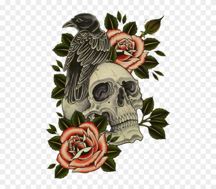 Skull Flower Crow Raven Rose Halloween  Raven And Skull Tattoo  Free  Transparent PNG Clipart Images Download