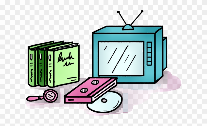 A Drawn Image Of A Tv, Three Books, Vhs Tape, Cd, And - Television #1389339