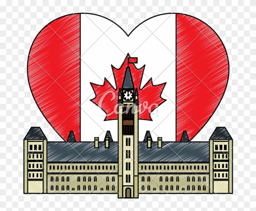 Canadian Parliament Building With Heart Flag - Parliament Building Clip Art #1677336