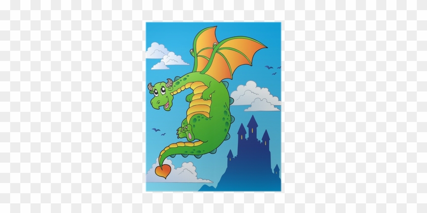 Flying Fairy Tale Dragon Near Castle Poster • Pixers® - Cartoon Clouds #1705549