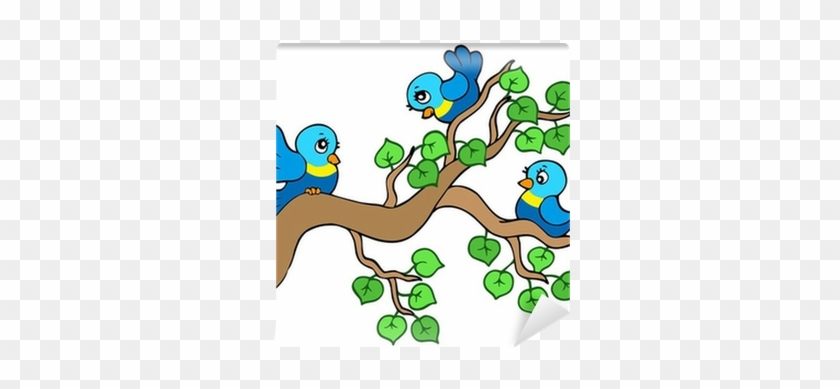 Three Small Birds Sitting On Branch Wall Mural • Pixers® - Illustration #363736