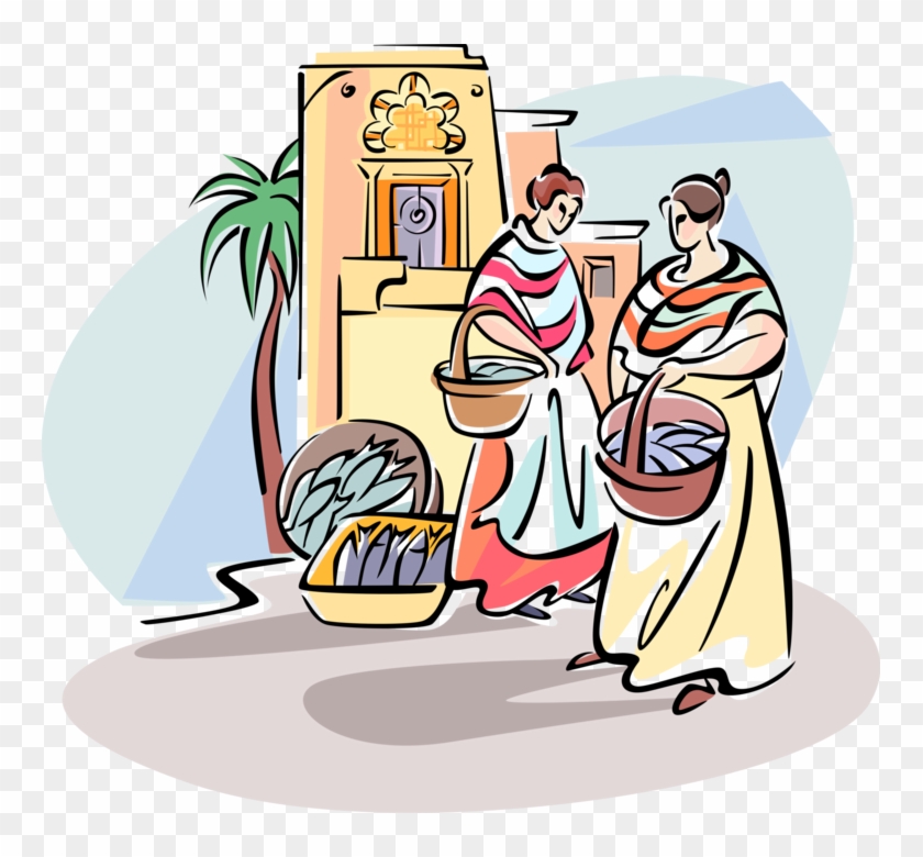 Vector Illustration Of Women Shopping In Outdoor Fish - Royalty-free #383450