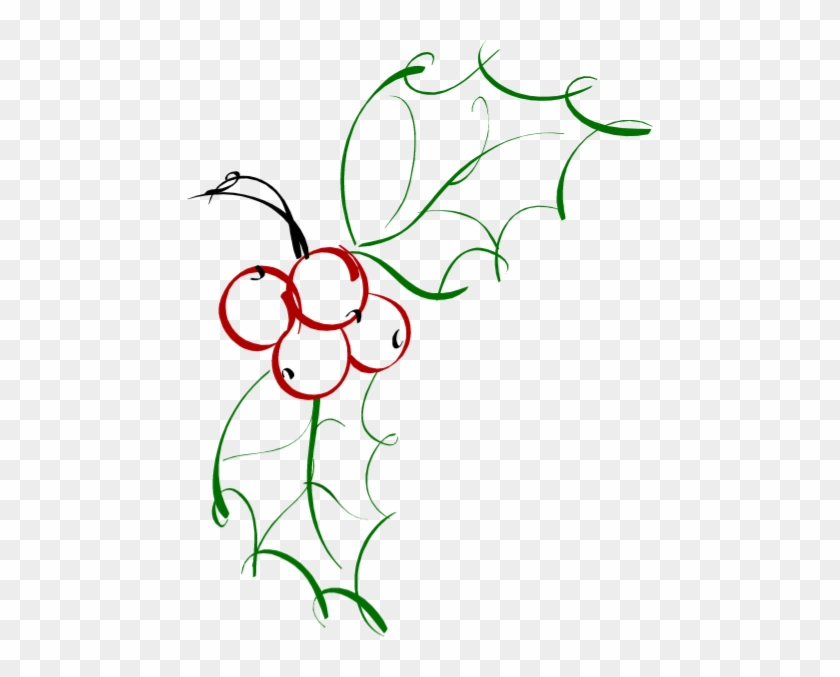 Line Drawing Of Green Holly Leaves With Red Berries - Line Drawing Of Green Holly Leaves With Red Berries #391672