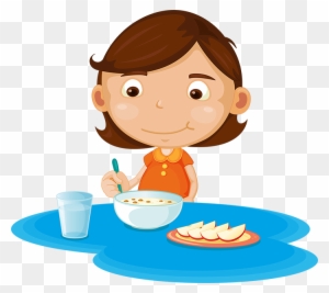 Girl Eating Cereal And Fruit - Cartoon Girl Eating Breakfast