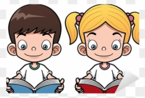 Vector Illustration Of Cartoon Boy And Girl Reading - Cartoon Boy And Girl Reading