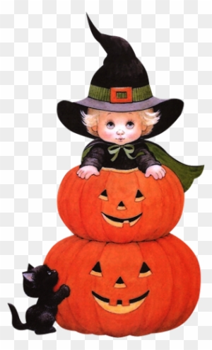 Halloween Witch With Jack O' Lanterns And Black Cat - Cute Cartoon ...