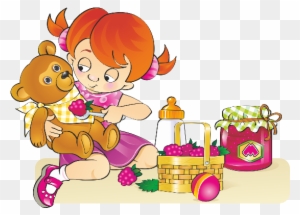 Baby Girl Playing With Teddy Bear - Cartoon Girl Play Bear